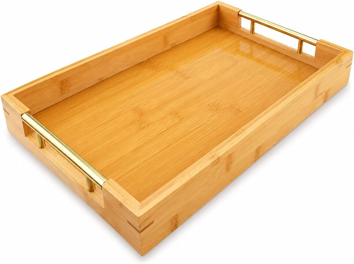 Bamboo Serving Tray, Wooden Tray with Gold Handles, 15L x10W x2H in | Deep Serving Tray, Decorative Tray, Rectangular Wood Tray, Coffee Table Tray, for Ottoman, Kitchen, Bedroom, Lap &amp; Couch