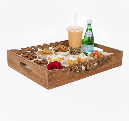 Mela Artisans Orchid Design Wooden Decorative Tray with Handles | 16x12x2.5 Mango Wood Ottoman Tray | for Kitchen Countertop