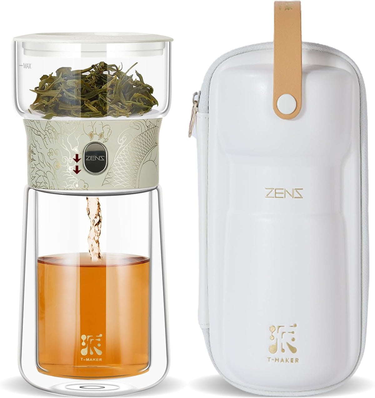 ZENS Glass Tea Infuser Pot, Modern One Touch Tea Maker for Tea Steeping | Loose Tea Diffusers, Magic Tea Pot with 9oz Insulated Mug and Portable Bag for Tea Lovers Gifts, Dragon