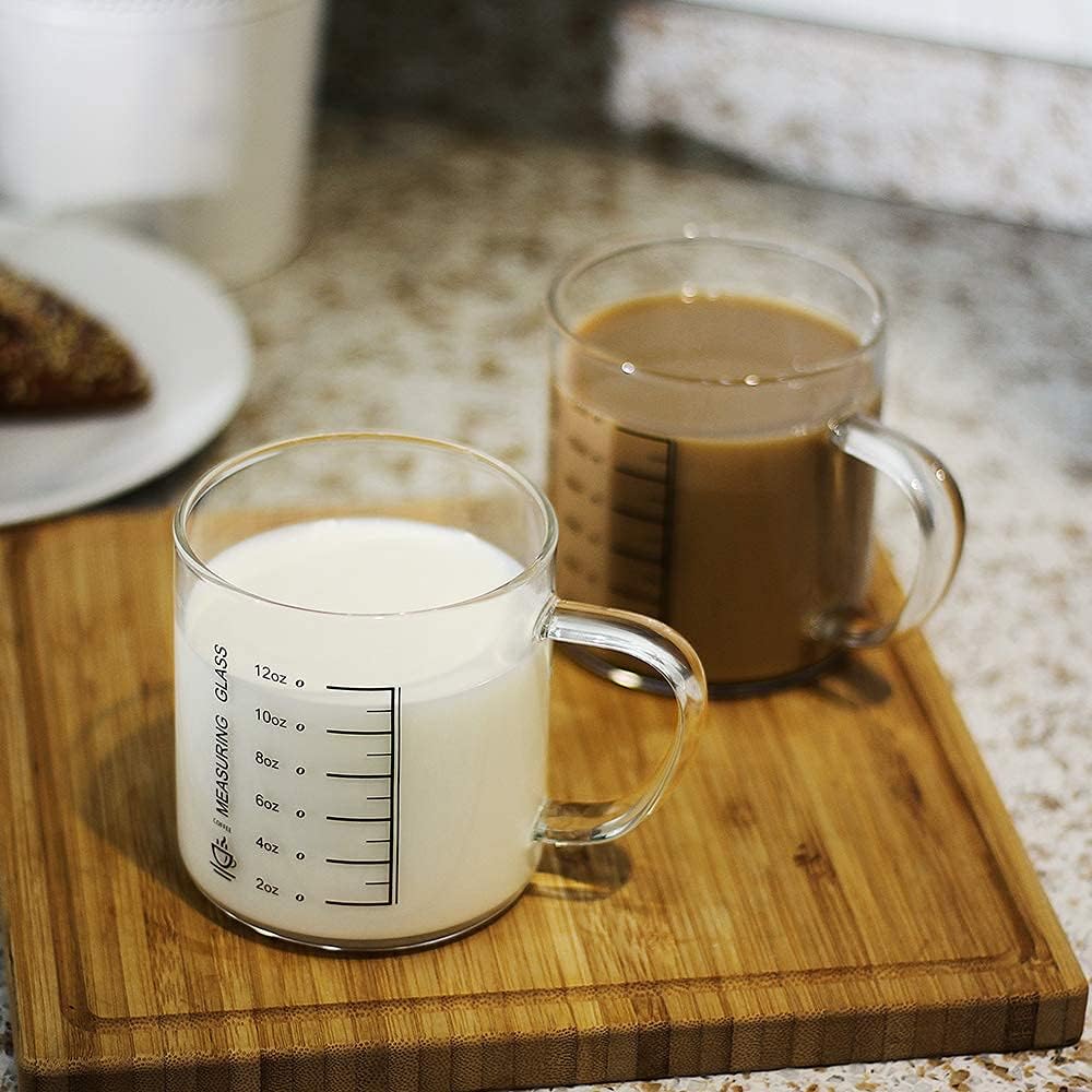LUXU Glass Coffee Tea Cups Set of 2,Clear Coffee Mugs for Hot or Cold Beverages,Large Wide Mouth Drinking Glasses,Perfect for Mocha,Latte,Milk,Cappuccino,Water and Juice -14 oz Measuring Cups