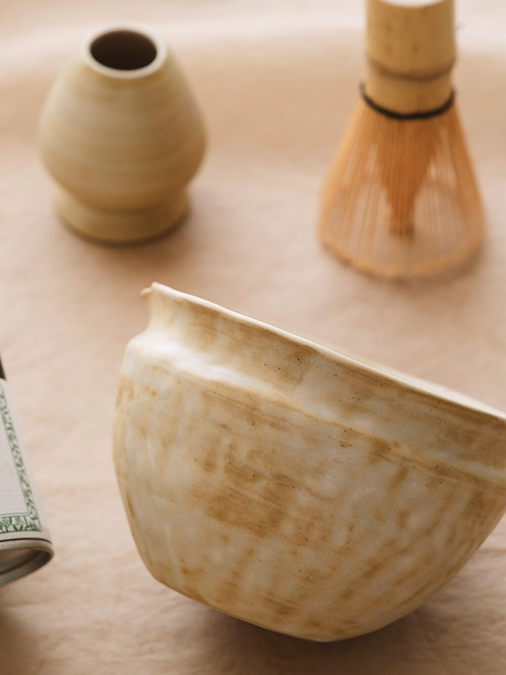 Matcha Set with Handmade Ceramic Bowl &amp; Bamboo Whisk, Sandstone, 6-Pc | Matcha Whisk Set, 16.9 Oz Matcha Bowl with Spout, Bamboo Whisk, Holder, Scoop, Sifter and Tea Cloth, Matcha Kit for Ceremony