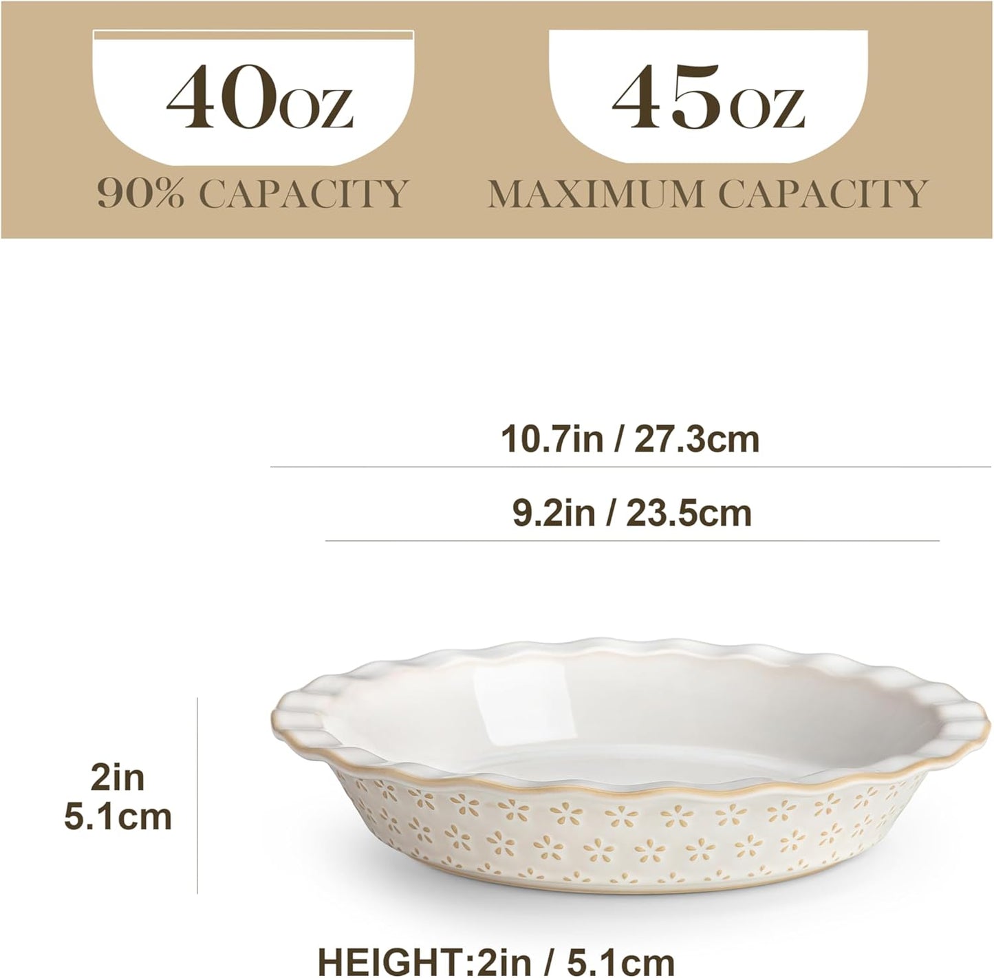 MALACASA Ceramic Pie Pan, 9 Inch Pie Dish Embossed Quiche Baking Dish