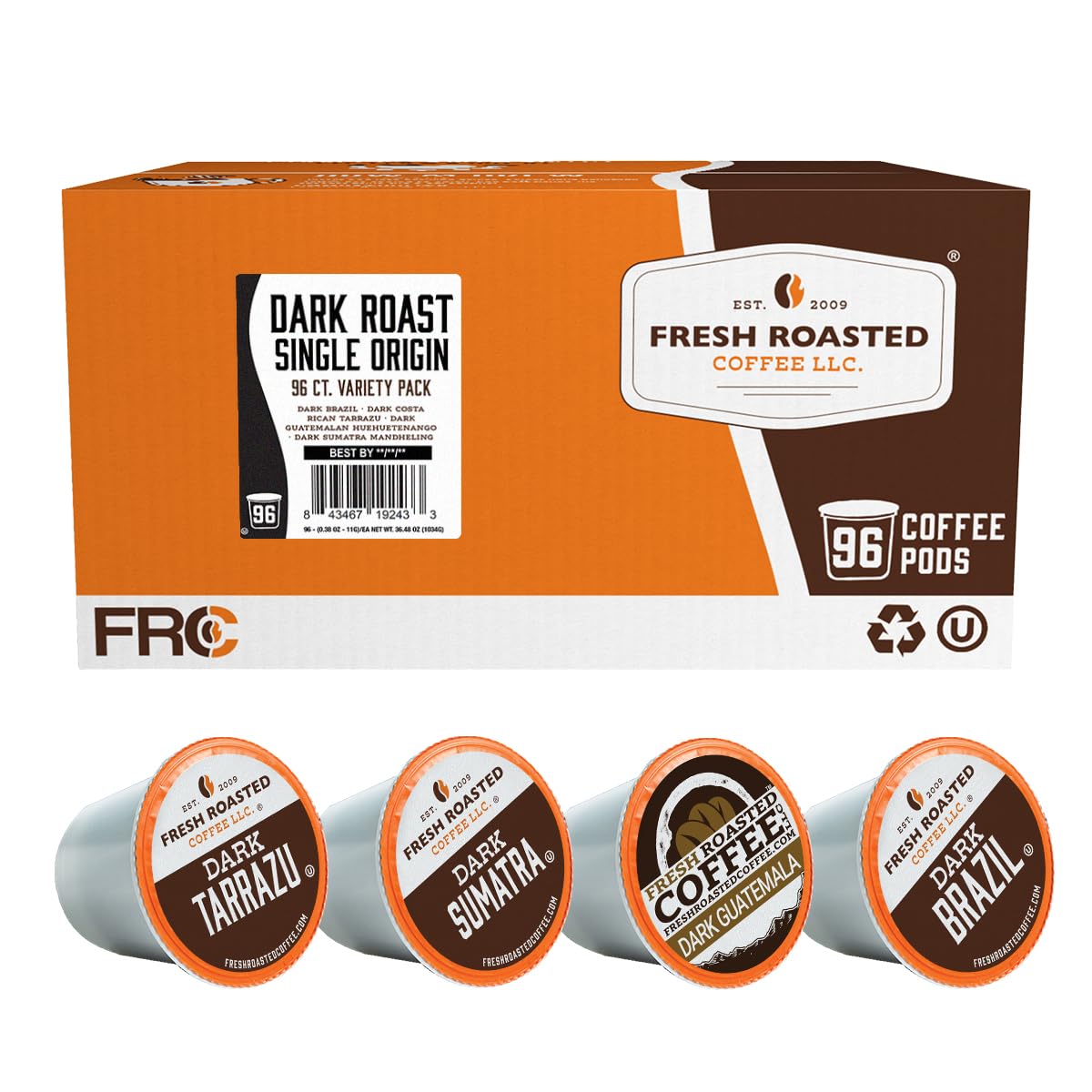 Fresh Roasted Coffee, Dark Roast single Origin Variety Pack K-Cup Pods for Keurig Brewers, Kosher, 96 Count Loose Pack