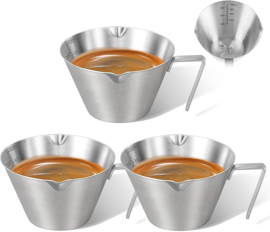 3 Pc Stainless Steel Espresso Shot Cups, 3.4oz/100ml, Silver | Double Spout Measuring Cups with Handle, V-Shaped Mouth, Ideal for Espresso Brewing and Coffee Making