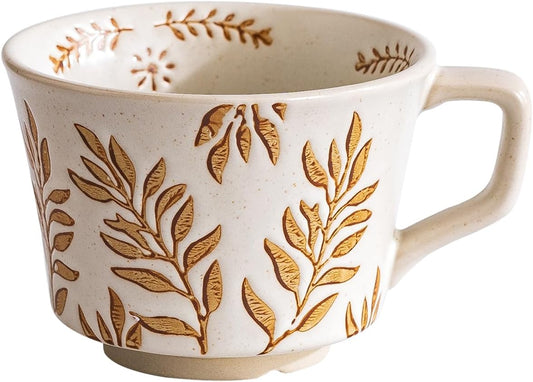 Ceramic Mug Set of 1 With Gold Spoon, 11oz - Vintage Coffee Mug, Pottery Cups for Milk, Latte, Cappuccino, Tea - Porcelain
