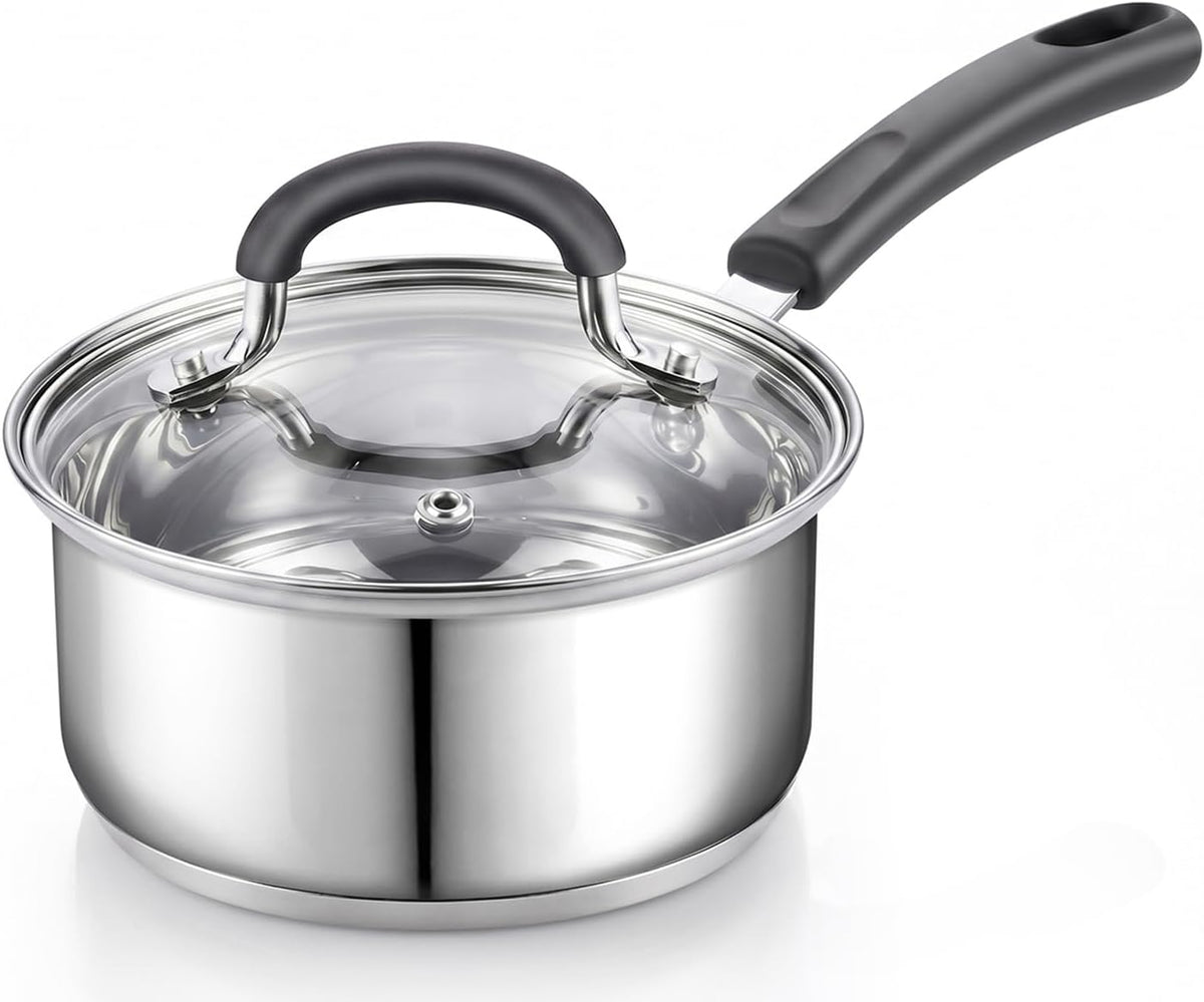 Cook N Home Saucepan Sauce Pot with Lid 1 Quart Stainless Steel , Stay Cool Handle, silver