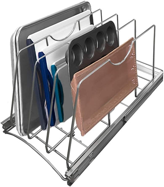 Pull Out Cookie Sheet Organizer for Cabinet, Pan and Pot Rack, Cutting Board Organizer Rack, Baking Tray Organizer for