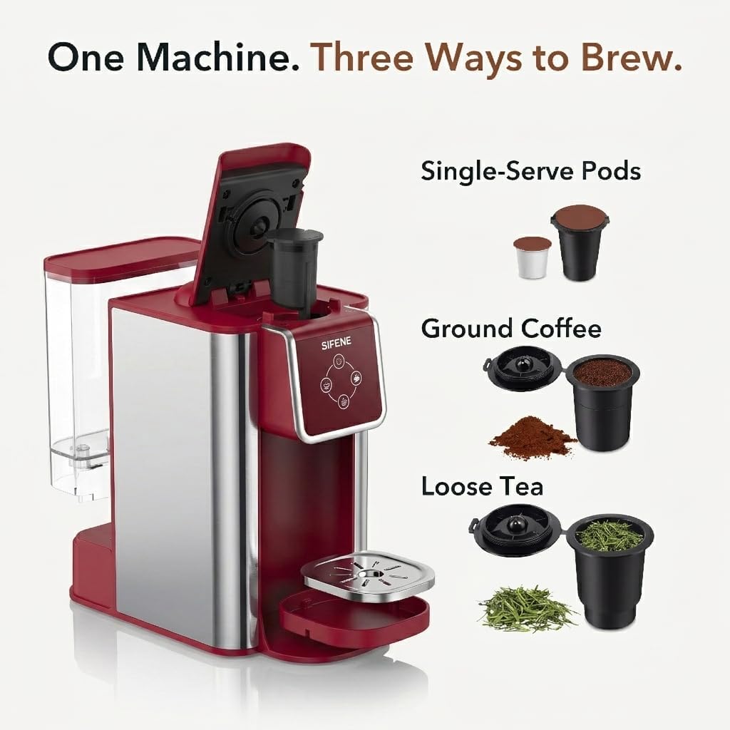 3-in-1 Single Serve Coffee Maker, Quick Brew for Coffee Pods, Ground Coffee, &amp; Loose Tea, 6-12oz Cup Sizes, 50oz Removable Water Tank, 1150W, Compact &amp; Efficient, Red