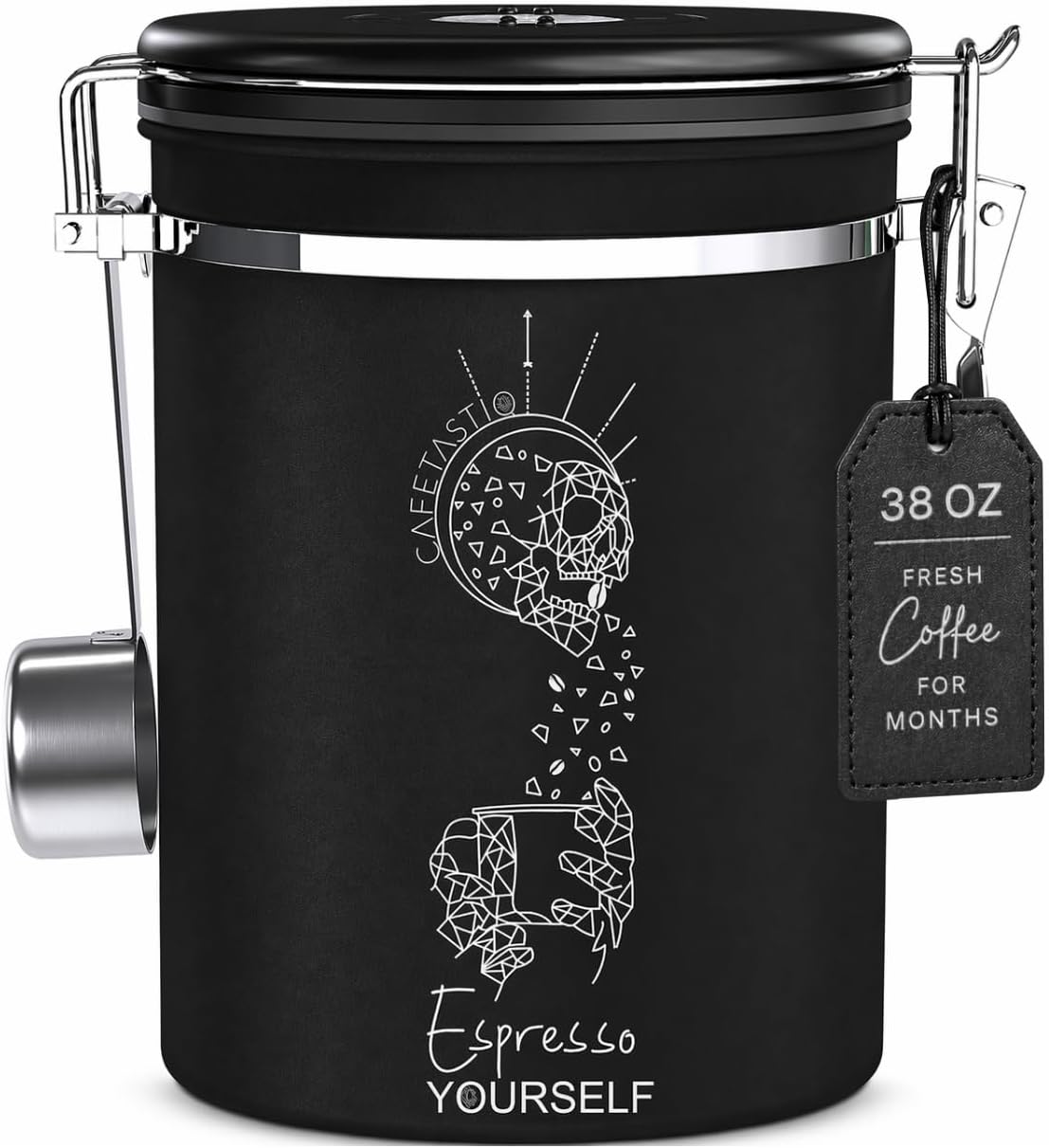 Large Coffee Canister – Airtight Stainless Steel Storage Container with Date Tracker &amp; Scoop, Sealed Jar for Grounds, Beans, Tea, Flour, Cereal, and Sugar (Black Esspresso, 38OZ)