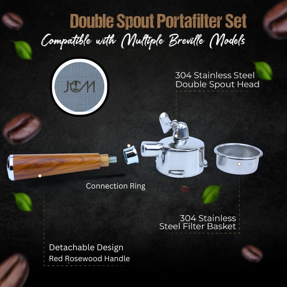54mm Double Spout Portafilter for Breville Espresso Machines with 18g Filter Basket &amp; 53.35mm Espresso Puck Screen Double Spout – Rustic Red Rosewood