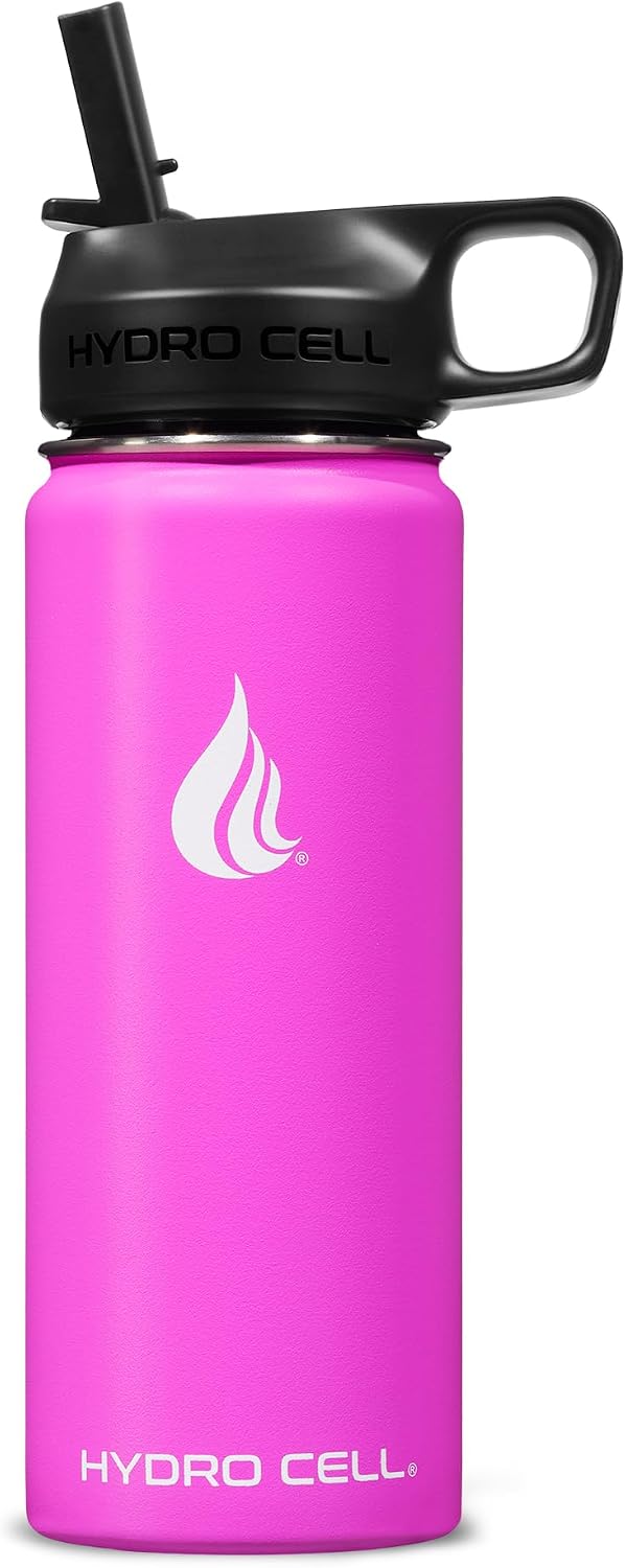 HYDRO CELL Stainless Steel Insulated Water Bottle with Straw - For Cold &amp; Hot Drinks - Metal Vacuum Flask with Screw Cap and Modern Leakproof Sport Thermos for Adults (Fuchsia 18oz)