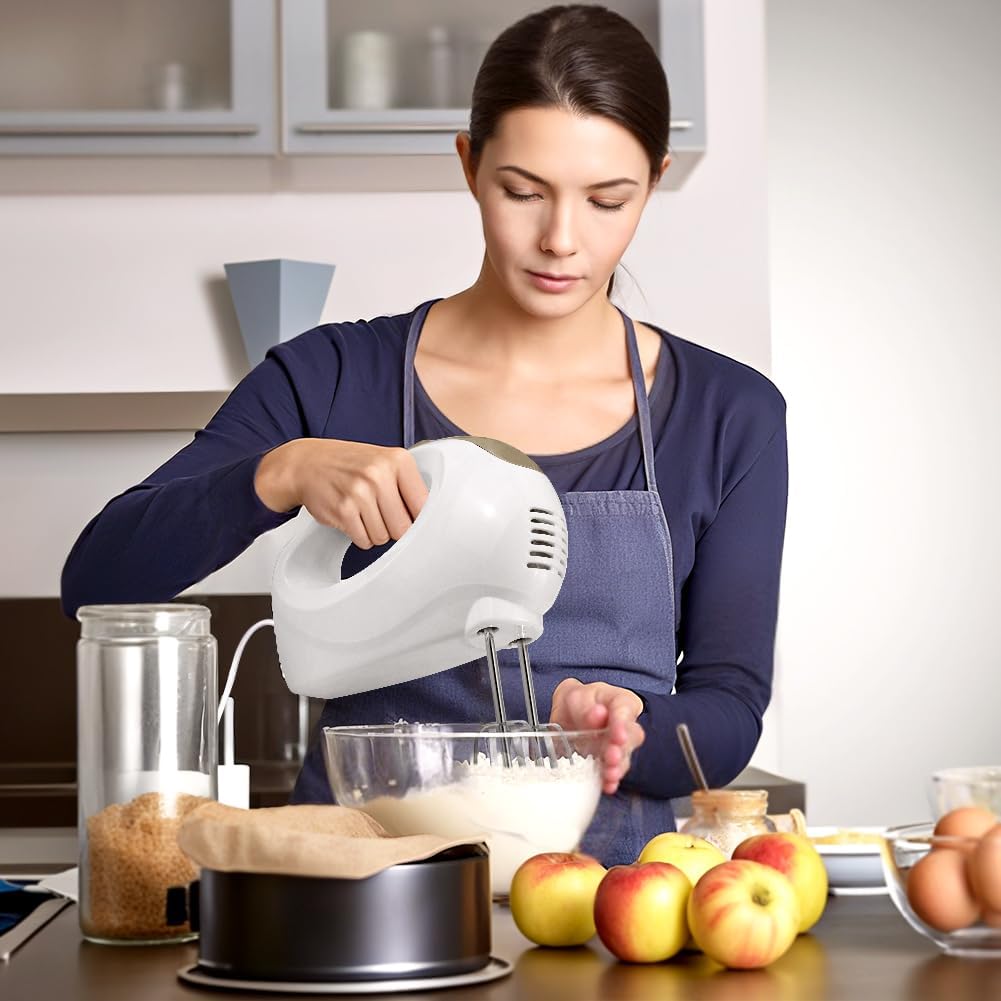 5-Speed Electric Hand Mixer with Whisk, Traditional Beaters, 120 Watts,Portable &amp; Lightweight, Blending or Cooking White
