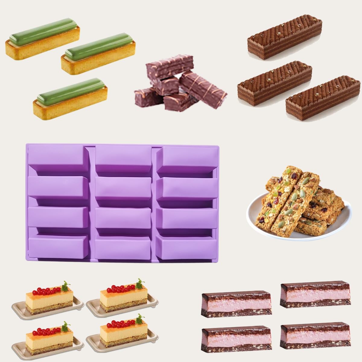 2Pcs oat bar mold - 12rectangle silicone molds - Chocolate silicone mold for baking candies/energy bars, cheesecake, dried fruit cereal cookies (2, purple)