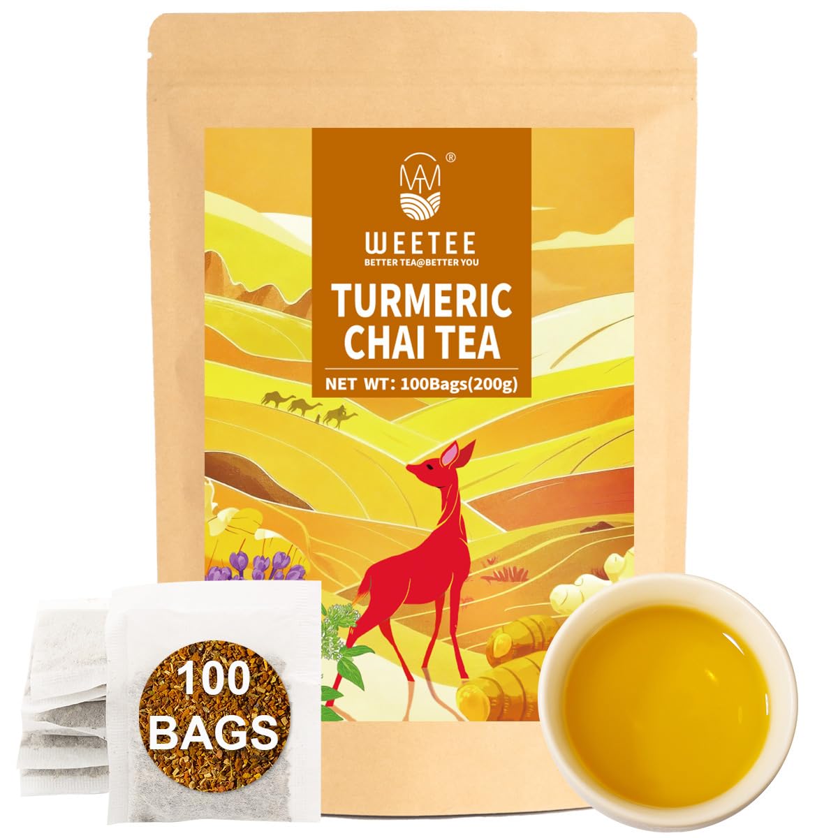 WT WEETEE Turmeric Chai Tea Bags 100 Count, Caffeine-Free Ginger Spiced Tea | Warming &amp; Spicy Spice Herbal Blend with Real Cinnamon, Cardamom &amp; Black Pepper | Smooth, Balanced &amp; Naturally Sweet