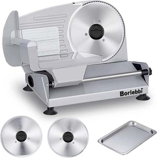 Meat Slicer, 200W Electric Food Slicer with 2 Removable 7.5" Stainless Steel Blades and Stainless Steel Tray, Child Lock