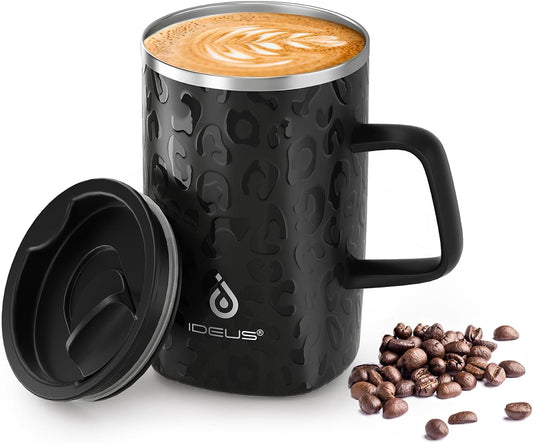 Ideus Vacuum Insulated Coffee Mug, 16oz Reusable Stainless Steel Thermal Double Walled cup with Handle and Slider Lid for
