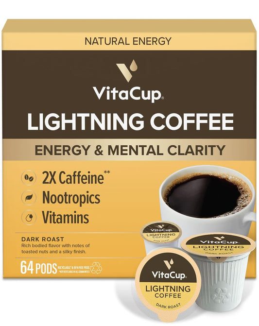 VitaCup Lightning 2X Caffeine Dark Roast Coffee Pods, 64ct | D3