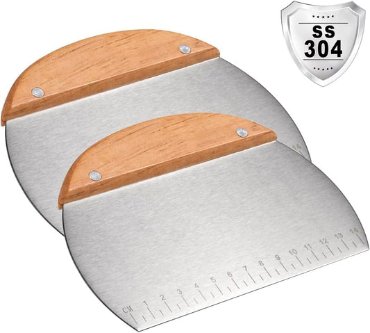 Kichwit 2 Pack 304 Stainless Steel Grill Scrapers with Wood Handle, Dough Scraper, Cake & Pizza Cutter, Multi-Purpose