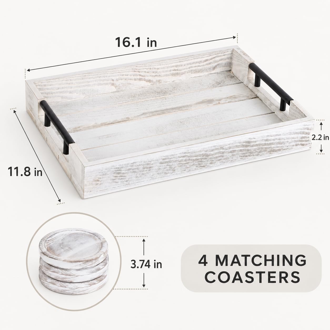 Whitewashed Wooden Serving Tray with Black Metal Handles and 4 Coasters, 16.1 x 11.8 Inch Rustic Farmhouse Ottoman Tray for Coffee Table, Living Room, Breakfast and Home Decor