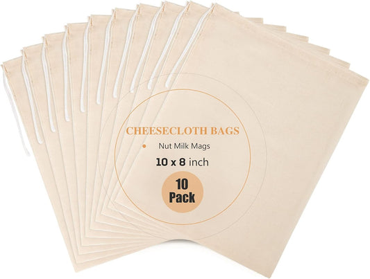 10 Pack Nut Milk Bag, 8‘’ x 10‘’Fine Mesh Grade Reusable Cheesecloth Bags Strainers, Unbleached Organic Cotton Filter Bags