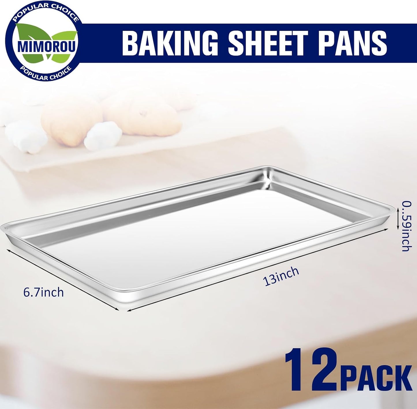 Mimorou 12 Pcs Stainless Steel Baking Sheet Cookie Pans, 13 x 6.7 Inch