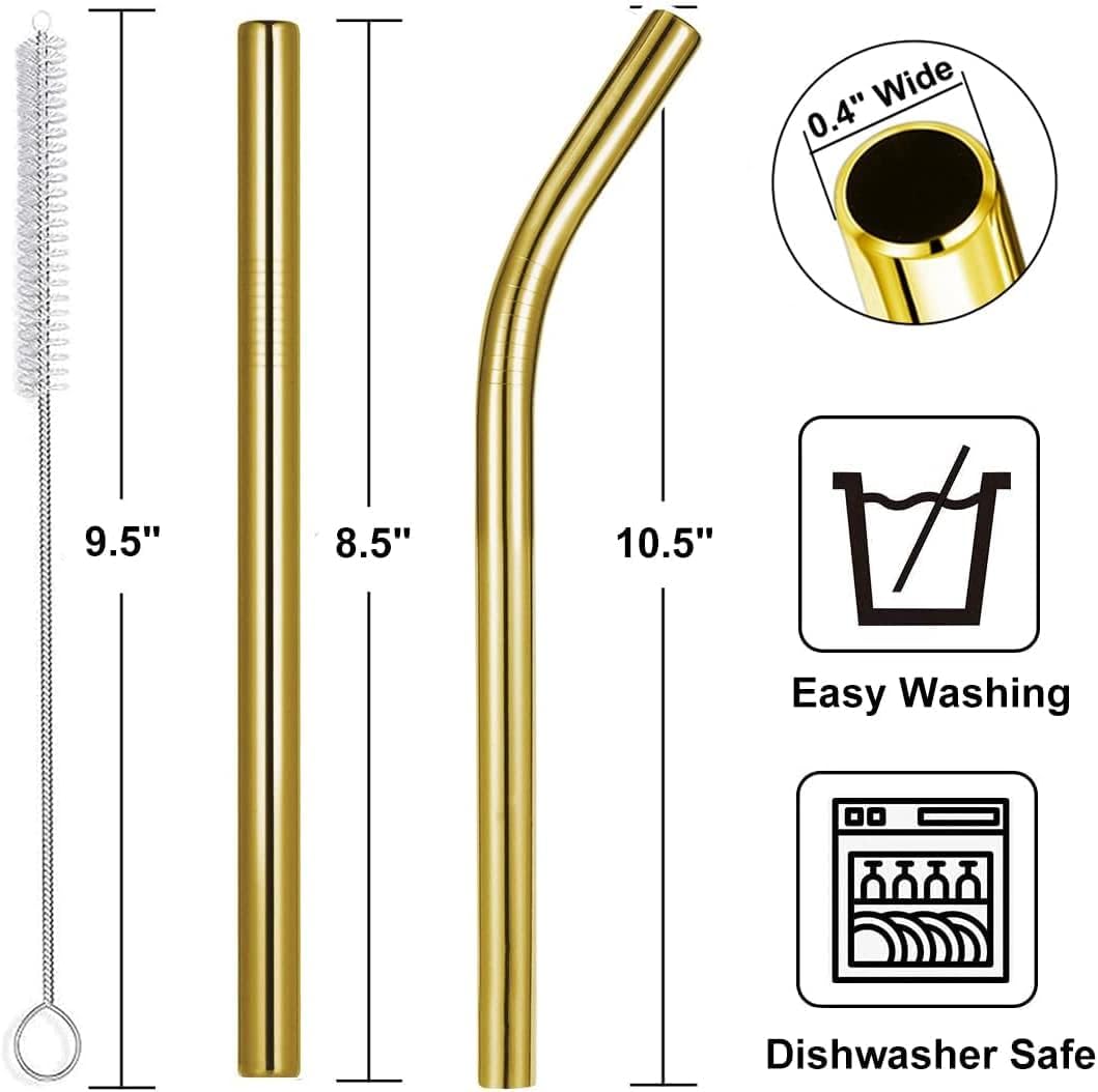 Vinaco 6 Pack Gold 0.4" Wide Bore Reusable Stainless Steel Smoothie Straws