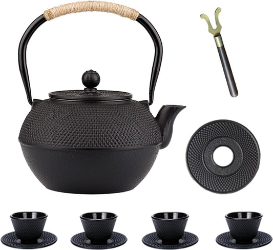 YJX 40.6 fl oz Cast Iron Teapot Set, Japanese Tetsubin Tea Set with Cast Iron Teacups, Small Tea Kettle Set with Strainer