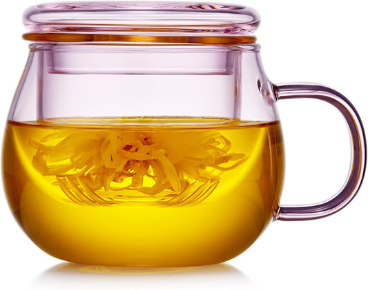 11oz Pink Glass Tea Cup with Infuser and Lid– Versatile and Elegant Gift for Women, Perfect for Loose Leaf Tea and Other