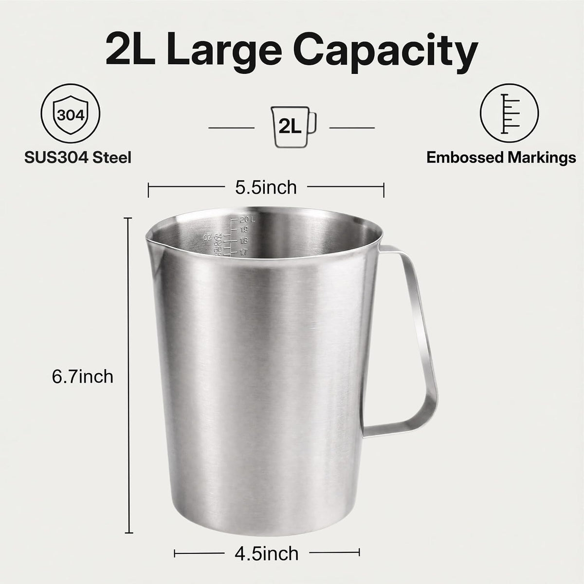 KSENDALO 64Oz/8Cup Stainless Steel Pitcher (SUS304), 2 Liter Metal Container for Water, Milk, Liquid with Handle with Engraved Markings, Silver