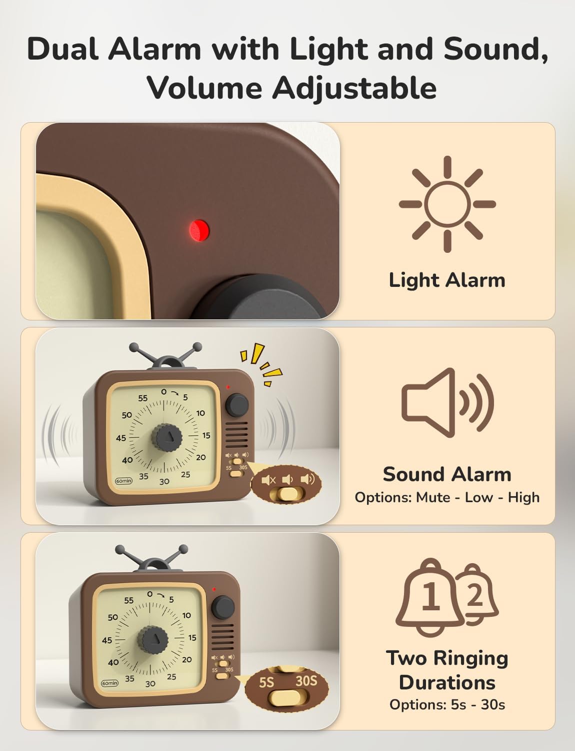 LIORQUE Visual Timer for Kids with Pause, 60 Minute Countdown Timer, Brown | Non-Ticking, 3 Volume Levels, Back Magnetic, Two Ringing Durations, Light Indicator, for Classroom Kitchen Office ADHD