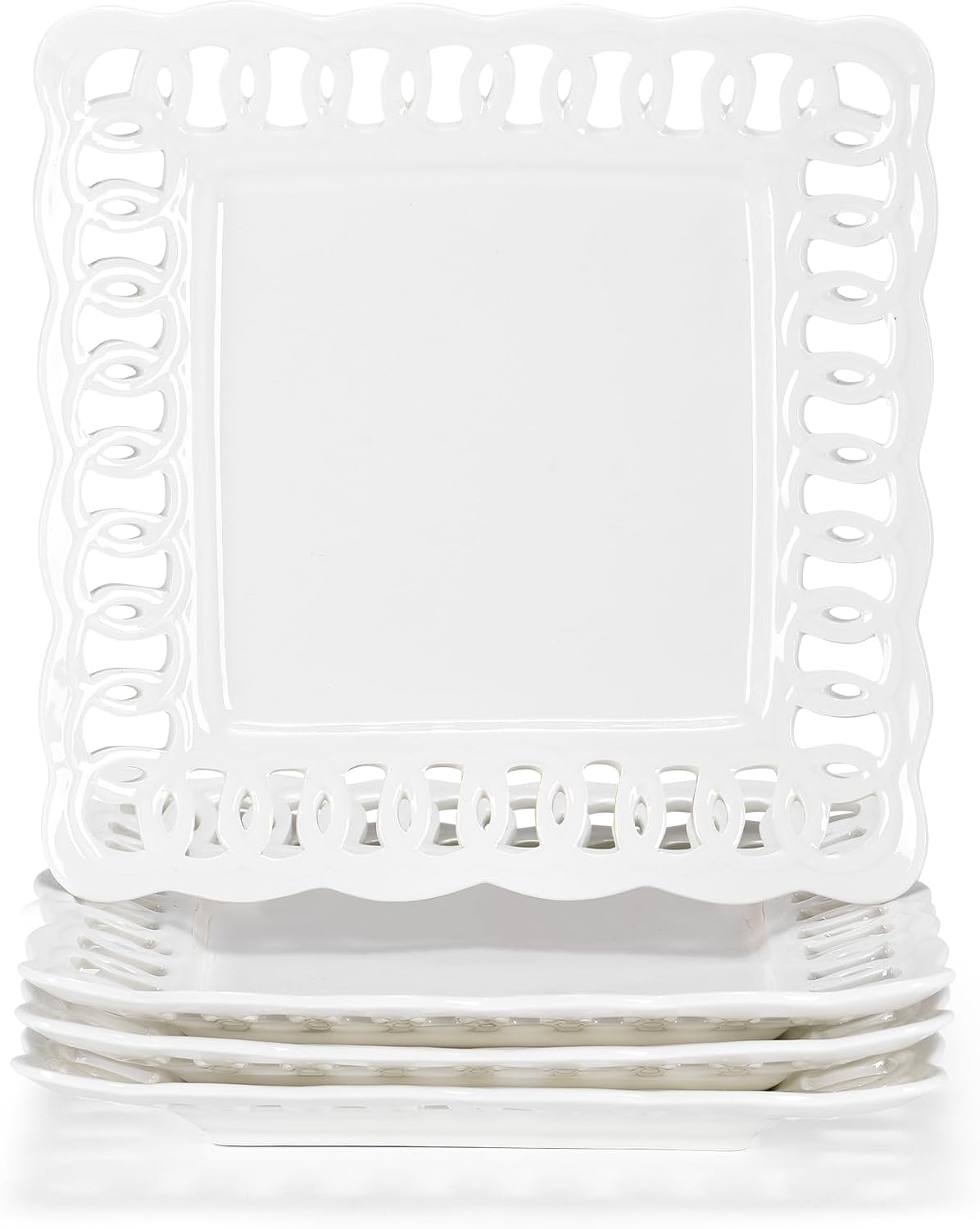Ceramic Square Dinner Plates, 11 inch Square Serving Plate Set of 4 for Steak Pasta Salad Snacks Pizza Appetizer, New Bone Porcelain Plates with Lace Rim, Party Wedding Birthday Christmas Gift, White