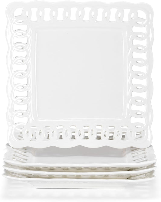 Ceramic Square Dinner Plates, 11 inch Square Serving Plate Set of 4 for Steak Pasta Salad Snacks Pizza Appetizer, New Bone Porcelain Plates with Lace Rim, Party Wedding Birthday Christmas Gift, White