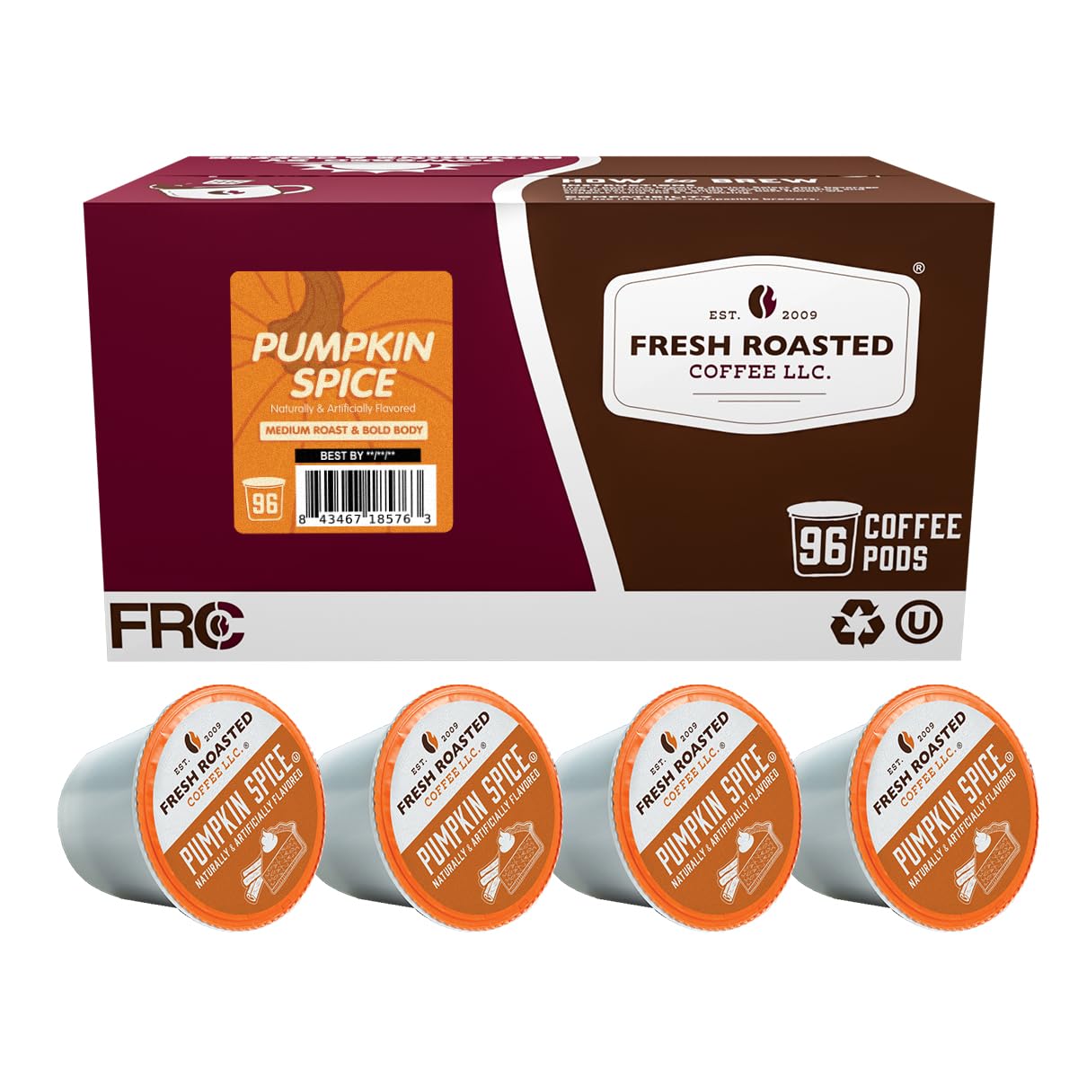 Fresh Roasted Coffee, Pumpkin Spice Flavored K-Cup Pods for Keurig Brewers, Medium Roast, Kosher, 96 Count Loose Pack