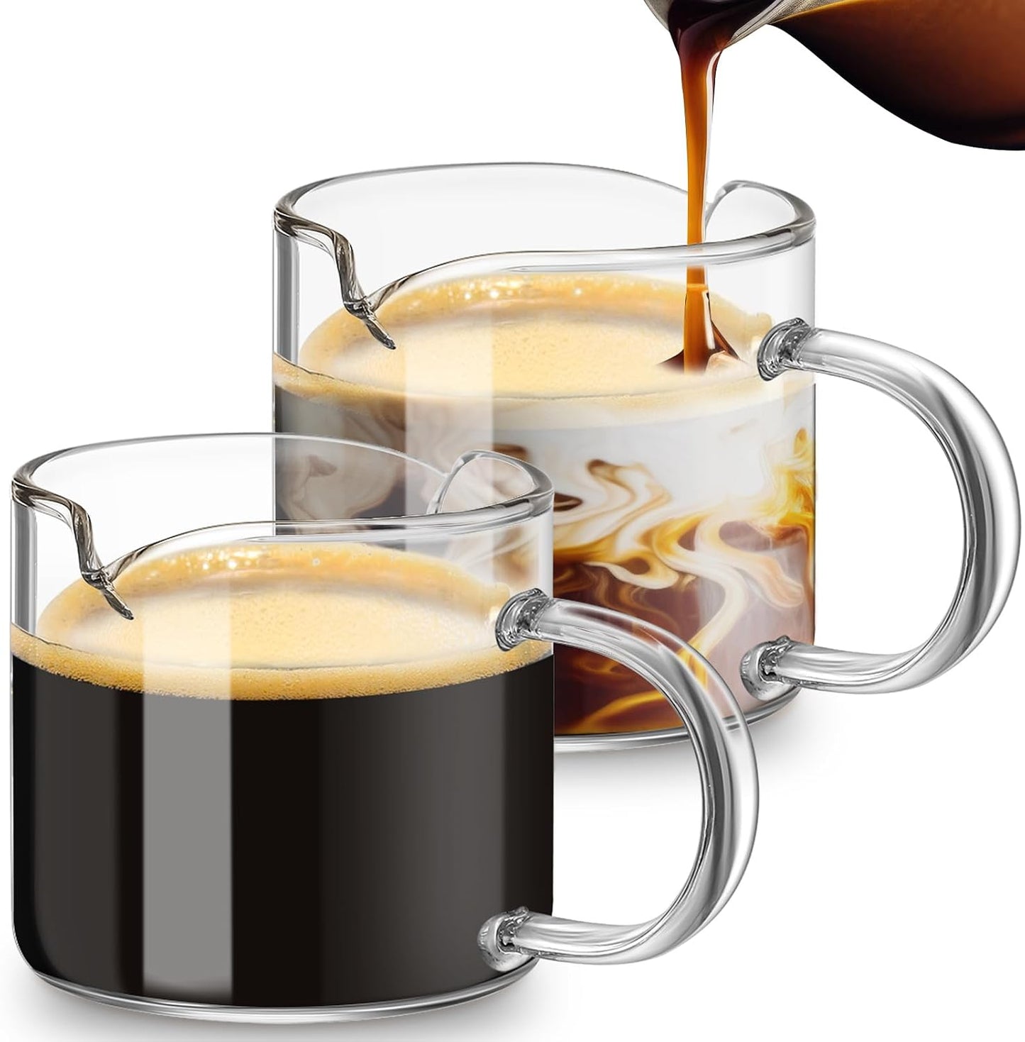 Patelai 2 Pack Espresso Cups, Clear Espresso Shot Glass 180ml/6oz | Glass Cups with Handle, Dual Pour Spouts for Precise Shots, Milk Frothing, Coffee Accessories, Fits Espresso Machines