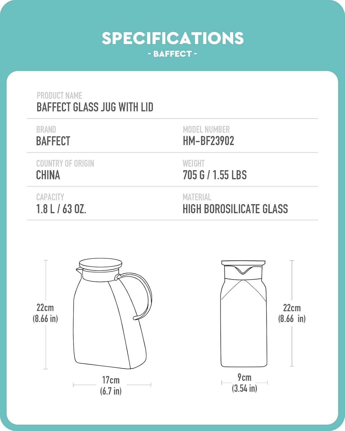 Baffect Water Pitcher Glass Jug With Lid and Spout(Glacier-Textured) | 63oz High Borosilicate Glass Pitcher With Gold Handle, Fridge Door Carafe For Hot Cold Drink, Mlik, Juice, Ice Tea, Lemonade