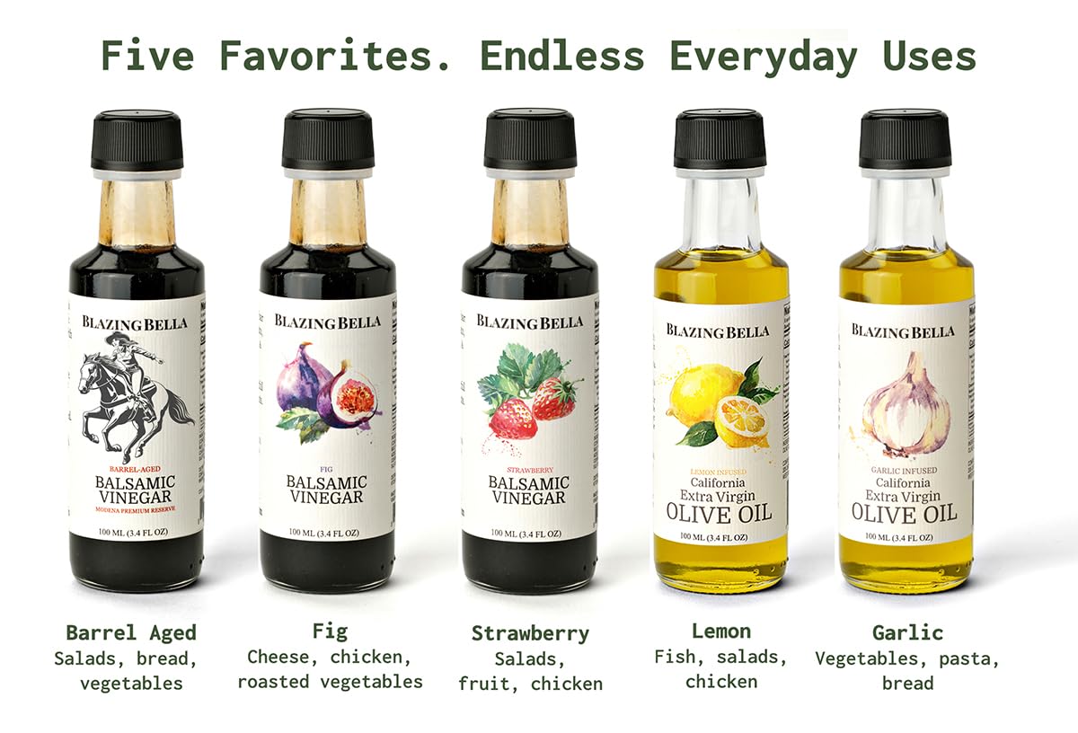 Blazing Bella Chef’s Set – Balsamic Vinegar and Olive Oil Set – Barrel-Aged Balsamic from Modena, Italy &amp; Cold-Pressed California Olive Oils – 5 Essential Flavors – 100ml Bottles