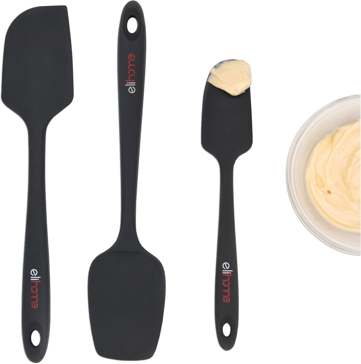 Elihome Chef Series 3 Piece Silicone Spatula Set - 600°F Heat Resistant Non Stick Rubber Kitchen Scraper Spatulas for Cooking, Baking, Mixing – BPA Free and LFGB Certified Silicone(Black)