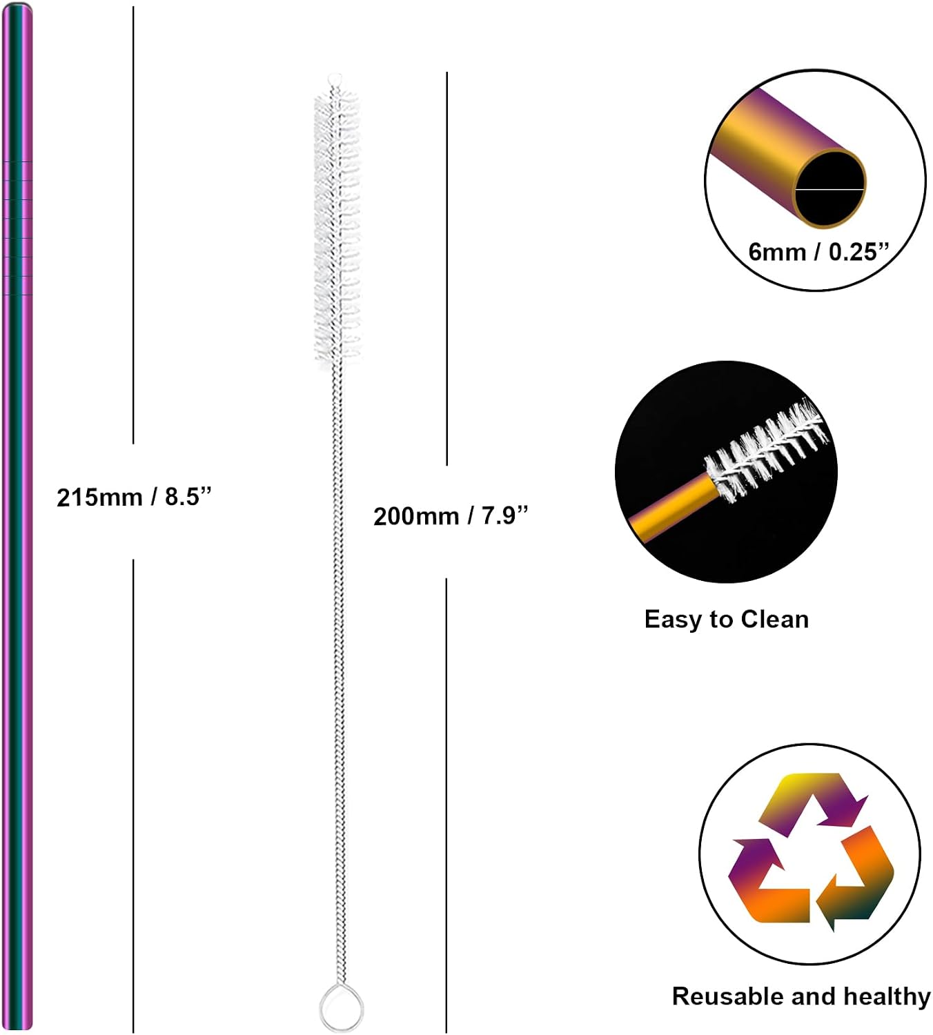 Stainless Steel Straws Metal Reusable Drinking Straw for Juice Iced Coffee Cold Beverage Highball Glasses 12/14/16/18oz Tumblers Mugs Cups, 0.24" Wide 8.5 Inch Long, Set of 8 with Brush, Colorful