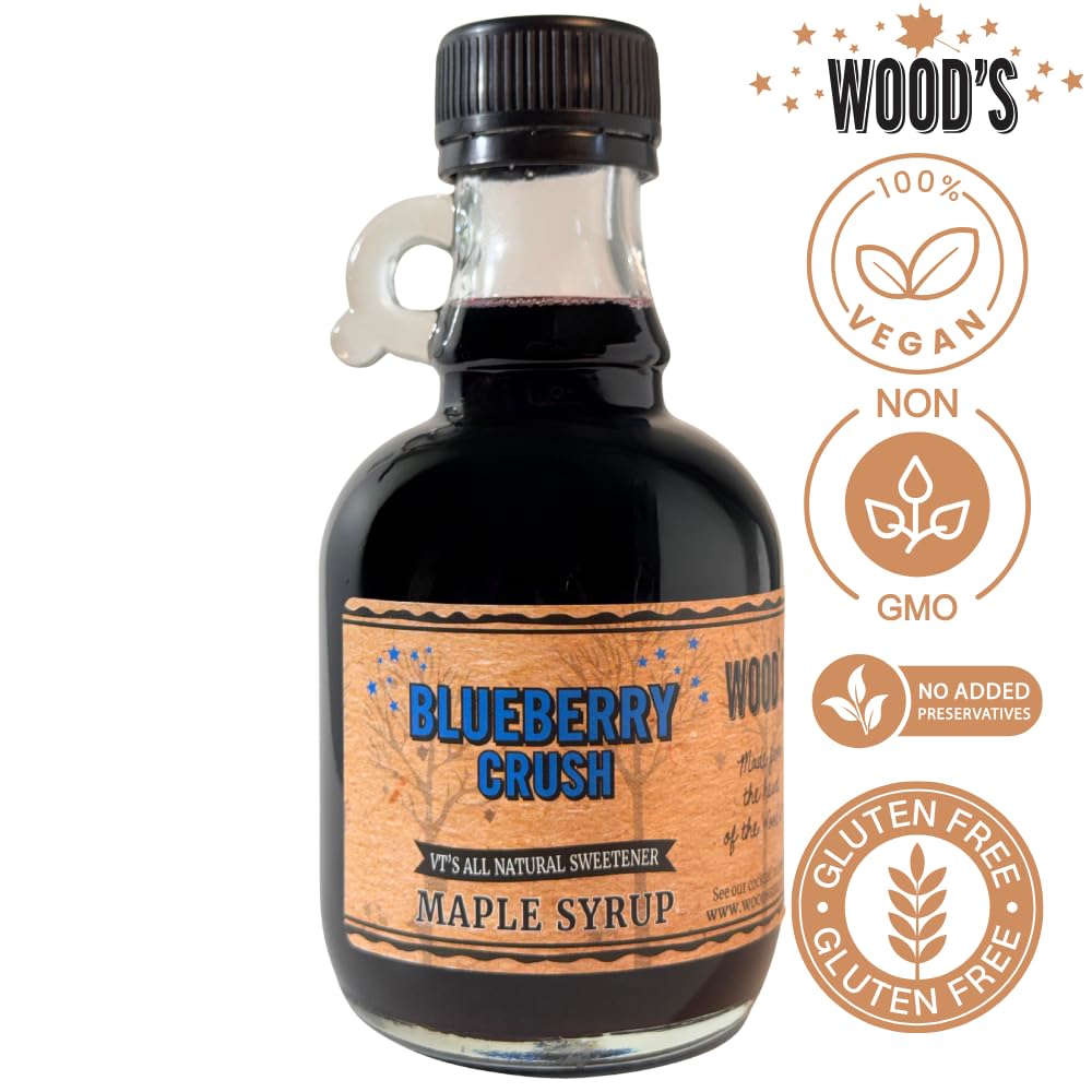 WOOD'S Blueberry Crush Maple Syrup – Small-Batch Vermont Maple Syrup Infused with Real Blueberry Flavor | All-Natural, Vegan Sweetener for Pancakes, Desserts, Cocktails &amp; Baking | 8.45 Fl Oz (250mL)