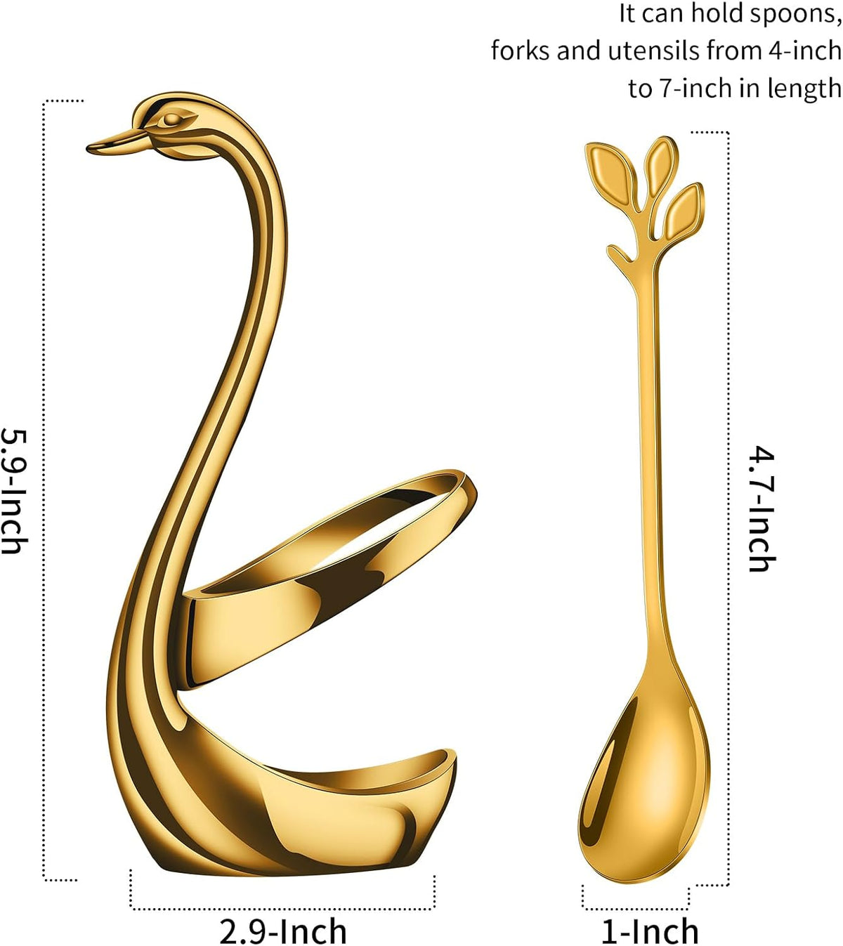 AnSaw Gold Swan Base With 10-Pcs Mini Leaf Coffee Spoon Holder Set - 4.7" | Stainless Steel Leaf Handle Spoons,Small Spoons,Espresso Spoons,Tea Spoons,Dessert Spoons,Demitasse Spoons