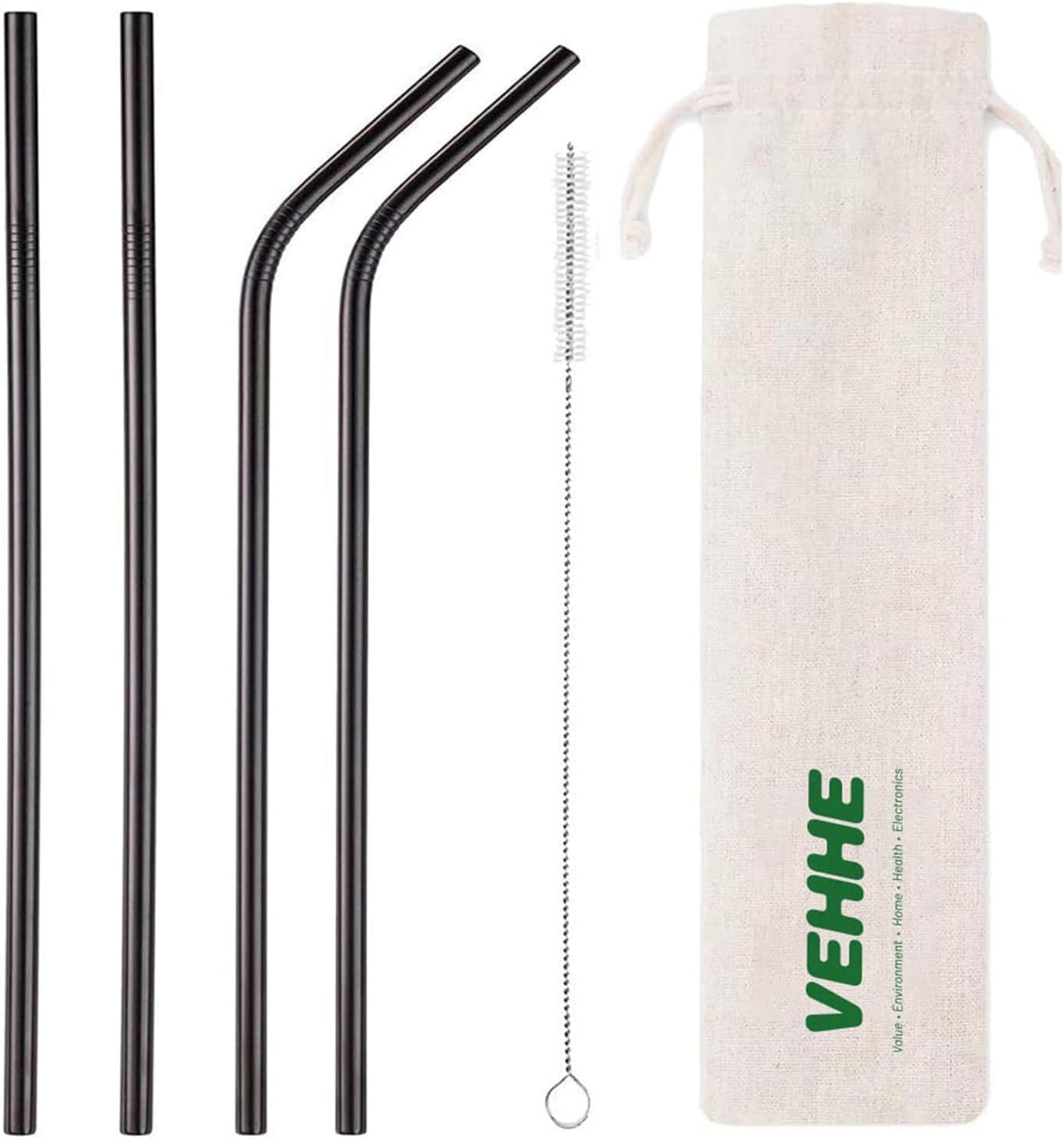 VEHHE Black Metal Straws, Stainless Steel Reusable Straws Set with Brush | 4 Pack 10.5" Extra Long Design Fits Tall Tumblers | 304 Stainless Steel Build | (2 Straight | 2 Bent | 1 Brush)