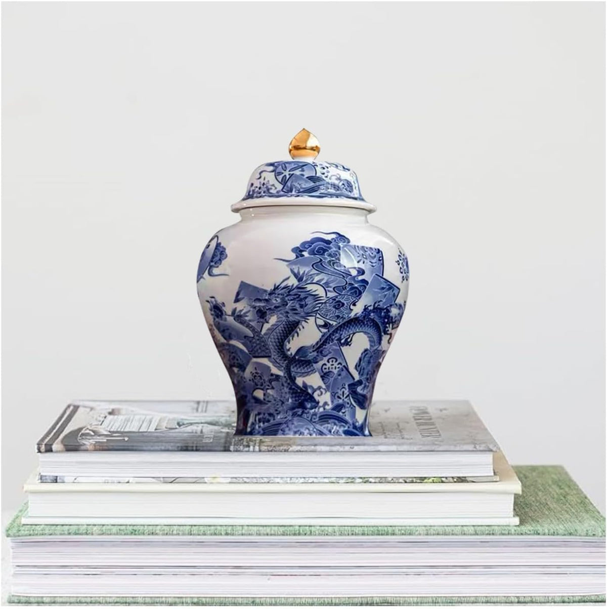 8 inches dragon Ginger Jar with Lid blue white Decorative Ceramic
