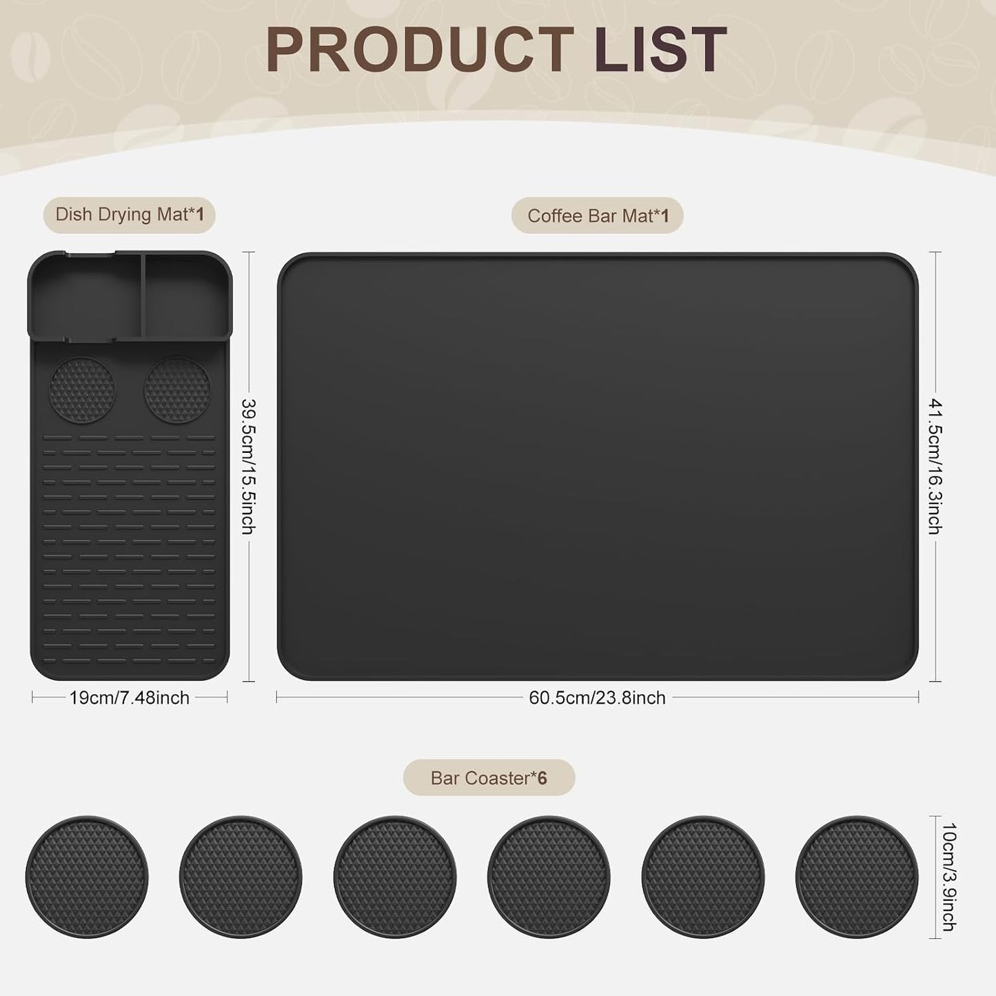Silicone Coffee Mat with 6 Coasters,24"x16" Counter Bar Mat Fits Under Coffee Maker/Pot &amp; Espresso Machine, Bar Aceessories,Detachable Drying Pad for Tamper,Sugar Packets,Cups &amp; Countertop Protection
