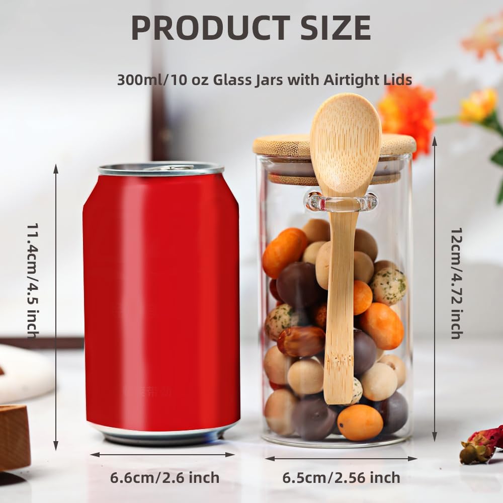 Glass Sugar Container with Spoon, 8 Pack 10oz Glass Tea Jars with Bamboo Lids and Spoons, Loose Leaf Tea Containers for Coffee Beans, Brown Sugar, Nuts, Candy, Bath Salts