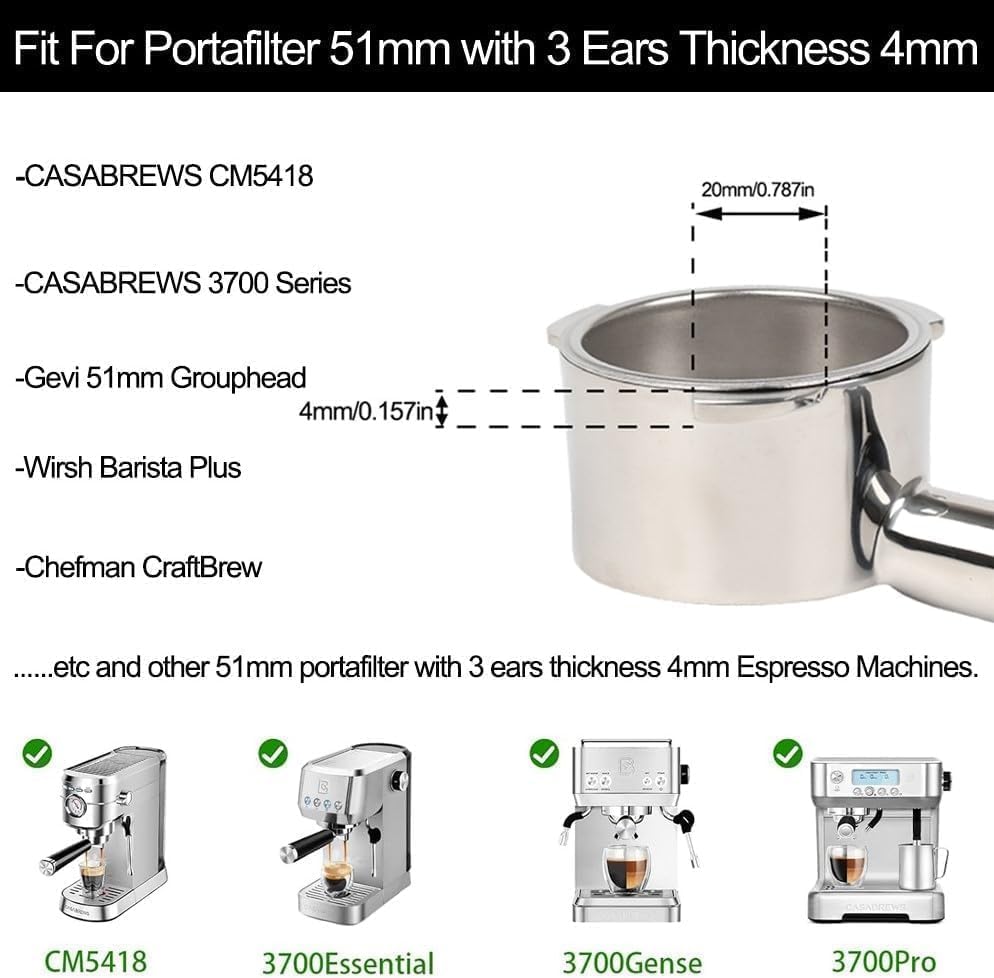 51mm Bottomless Portafilter 3 Ears Compatible with CASABREWS CM5418 and 3700 Series, Espresso Naked Bottomless Portafilter for Mr. Coffee/Wirsh/Gevi Espresso Machine, 304 Stainless Steel Filter Basket