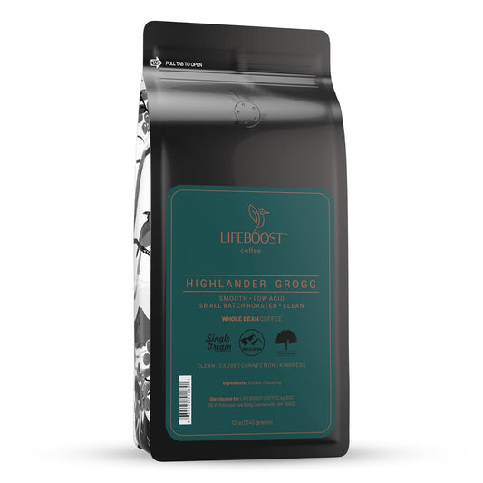 Lifeboost Highlander Grogg Whole Bean Coffee - Non-GMO Low Acid Single Origin Flavored Coffee Beans - Third Party Tested For