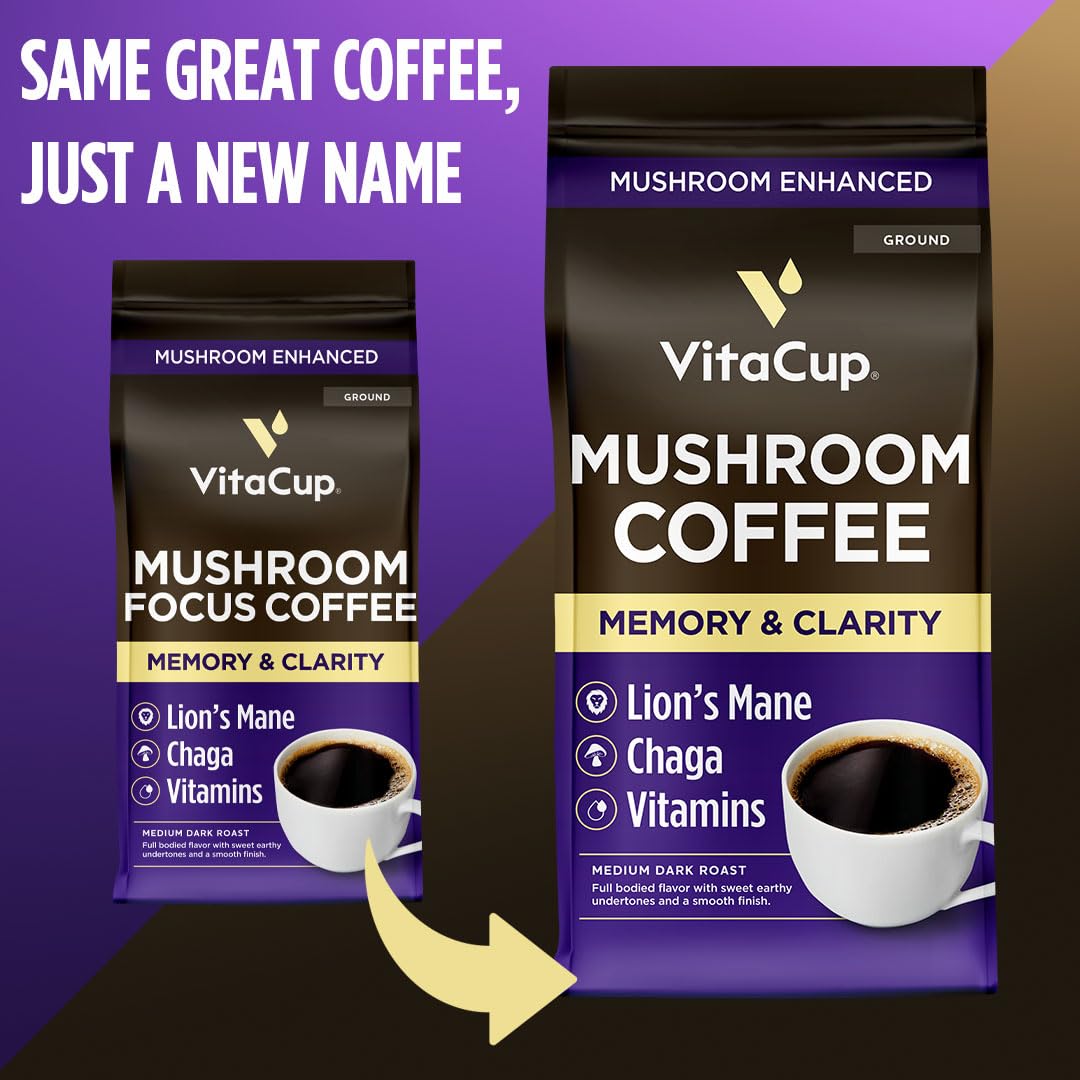 VitaCup Mushroom Medium Dark Roast Ground Coffee, 30oz, 2 Bags | 100% Arabica, Boost Focus, Immunity, Memory &amp; Clarity, B Vitamins, D3, Chaga, Coffee Grounds, Specialty