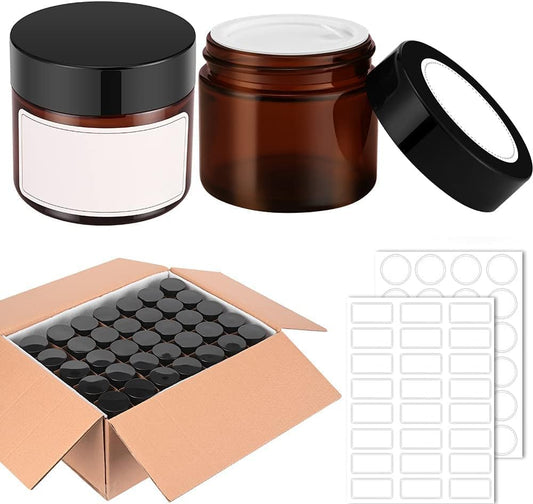 2 oz Round Amber Glass Jars, Bumobum 70 pack Cream Jars with Black Lids, Black and White Labels & Inner Liners, Empty