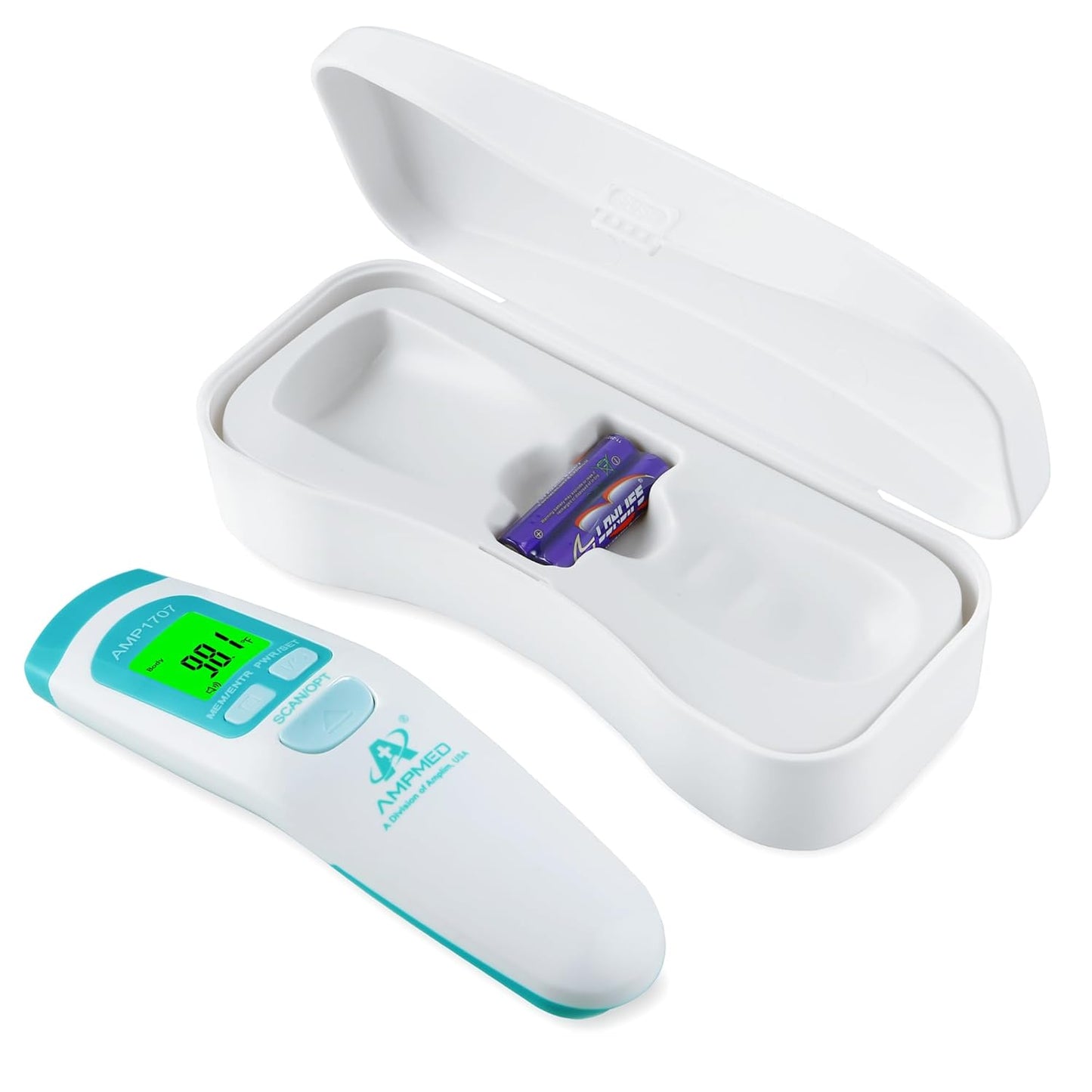 Amplim Non-Contact Forehead Thermometer & Case for Adults, Kids, Baby, FDA Cleared, Medical Grade, Touchless Infrared, 1-Sec Reading, Fever Alarm, Memory Recall, Quiet Mode, (White)