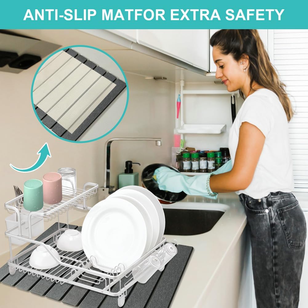 Large Diatomaceous Stone Drying Mat for Kitchen Counter, Quick Dry Collapsible Drying Mat , Absorbent Bath Mat for Kitchen Dishes Cups Bottles Bathroom Any Countertop, 24 In x 16 In, Dark Gray